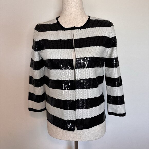 Ann Taylor Blazer Jacket Size Small Full Sequin Black And White Striped Lined - Picture 1 of 16